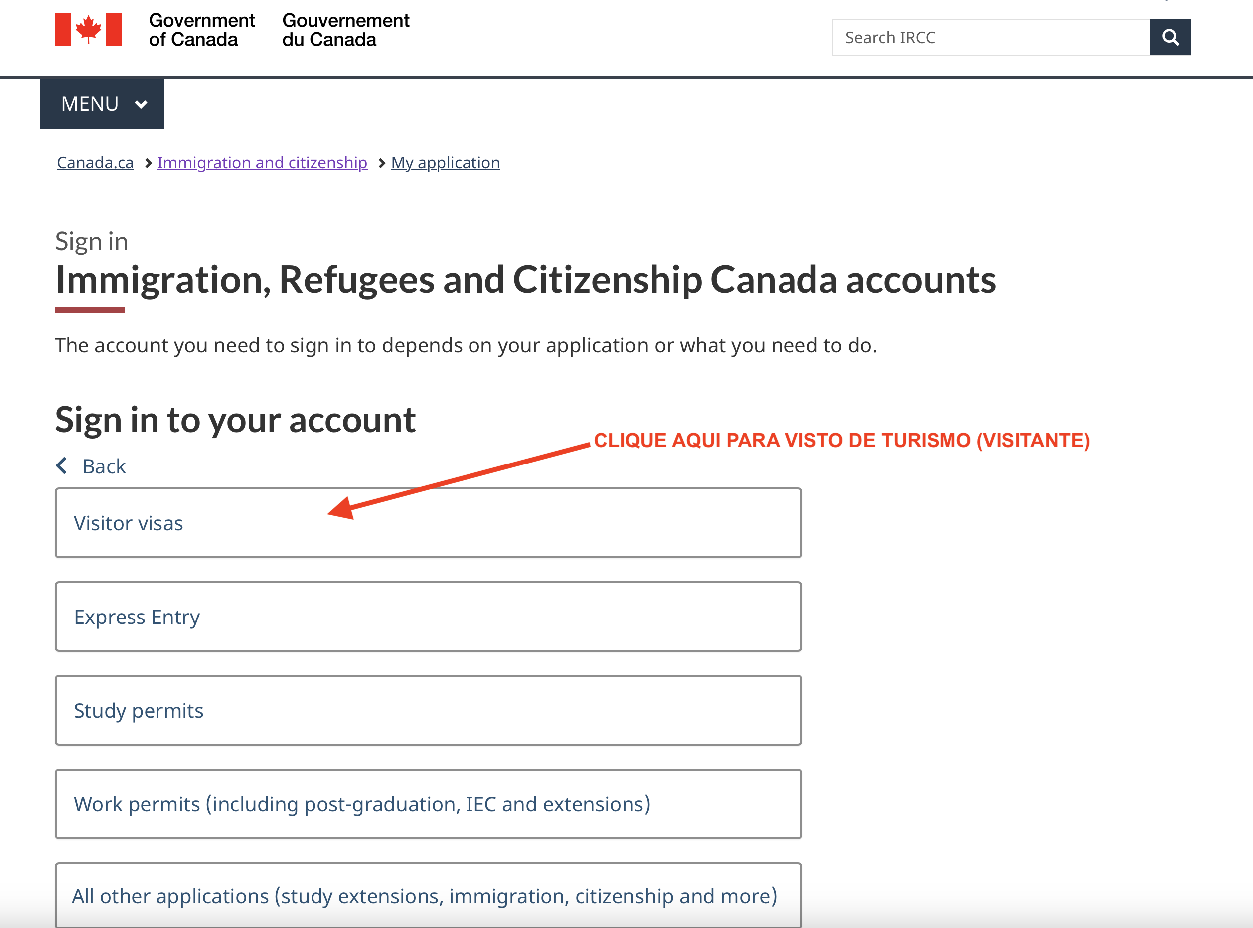 Tela 03: Guia Passo a Passo Criar Conta no Site de Imigração do Canadá